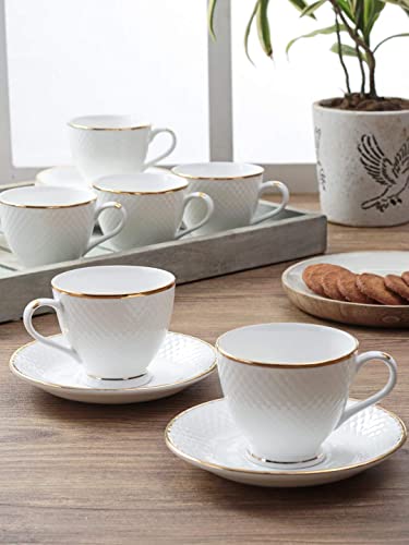 Femora Indian Ceramic Gold Line Diamond Cut Dinnerware White Tea Cups, Mugs and Saucer-200 ml - Set of 6 (6 Cups, 6 Saucer)