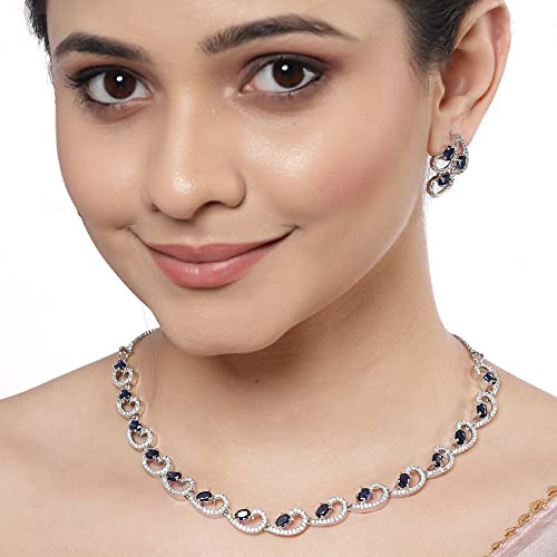 ZENEME Rhodium-Plated with Silver-Toned Blue and White Cubic Zirconia & American Diamond studded Necklace and Drop Earrings Jewellery Set (Blue) For Women