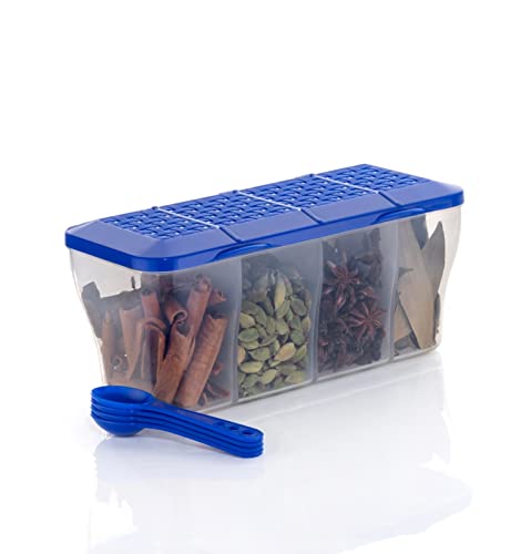 RILION Multipurpose Plastic 4 In 1 Masala Box for Kitchen, Transparent Pickel Box, 4 Compartment Storage Container Airtight For Cereal, Dry Fruits Dabba1800 Ml with 4 Spoons(Blue)