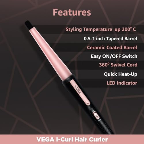 Vega I-Curl Hair Curler for Women with 0.5 inch-1 inch Barrel, Quick Heatup Technology, Rose Gold, (VHCH-05)