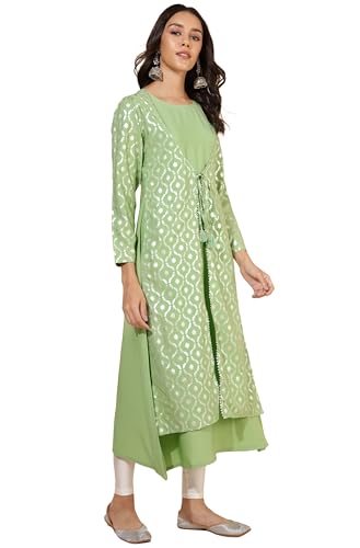 Janasya Women's Light Green Crepe Foil Printed A-Line Kurta(JNE4283-KR-XXL)