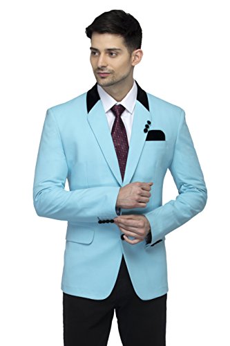 FAVOROSKI Designer Men's Slim Fit Velvet Notch Lapel Collar Single Breasted Blazer (Sky Blue, XS)