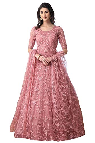 HELWIN DESIGNER Women's Embroidered Net Gown with Dupatta for Women's and Girls (Free Size) (Peach)