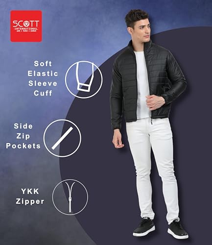 Scott International Men's Quilted Puffer Jacket - Lightweight, Water Repellant, Elastic Cuffs, Zipped Pockets, Casual Winter Jacket - Stylish Outerwear for Men (SS23-TWRAP-JKT-BL-XL,Black,X-Large)