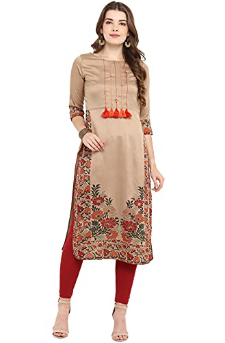 Janasya Women's Beige Poly Silk Floral Print Straight Kurta(JNE2305-KR-533-XL)