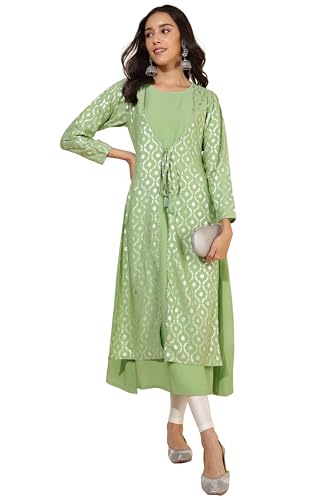 Janasya Women's Light Green Crepe Foil Printed A-Line Kurta(JNE4283-KR-XXL)