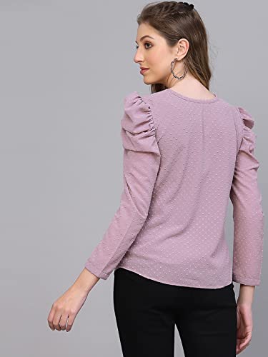 Selvia Women's Dyed Puff Sleeve Rotto Butti Round Neck Casual Top(430TK381N-Xl_Lavender4)