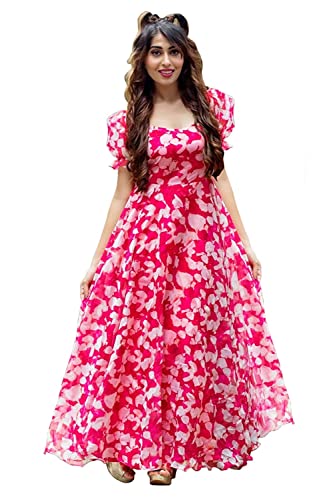 Shasmi Women's Georgette Digital Printed Maxi Dress for Women (Dress 39 Neon Pink 3XL)