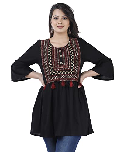 NANAK FEB Women's Rayon Casual Wear Printed Short Kurti/Tunic/Top for Girls Black