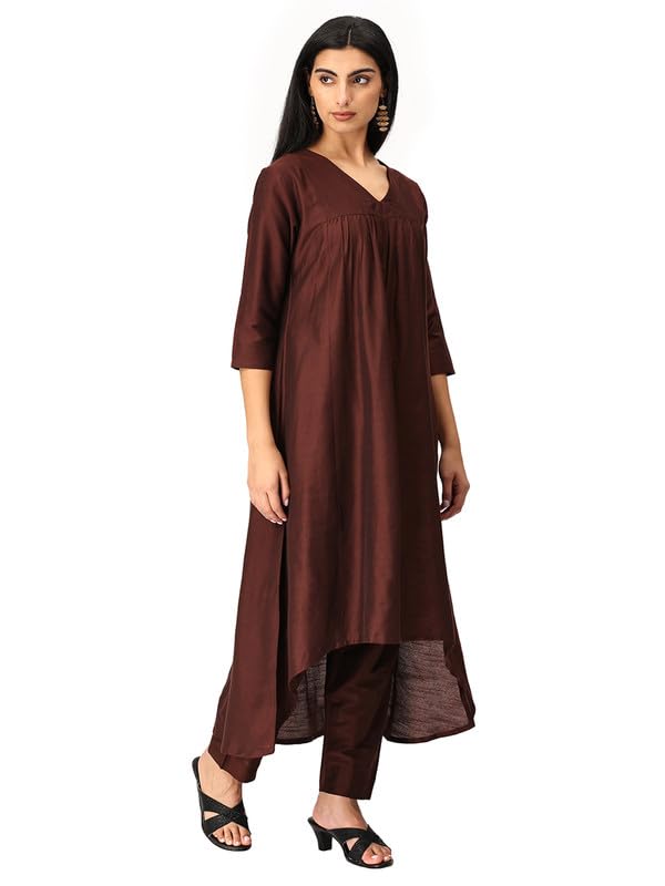 Inakshini Suhana Chocolate Brown High - Low Co-ord Set with V Neck and Straight Pants - XL