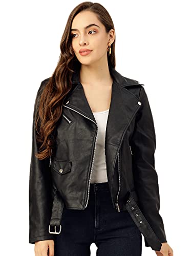 Leather Retail Women's Solid Biker Jacket (LRF11BLME12_Black_Medium)