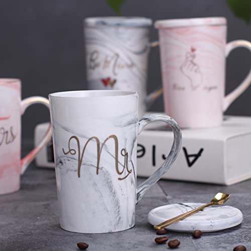 CPENSUS Ceramic Marble Finish Coffee Mug With Lid & Spoon For Anniversary Wedding Engagement Valentine Gifts For Couple Teachers Women Men Husband Wife With Gift Box (Mr & Mrs Mugs), 380 milliliter