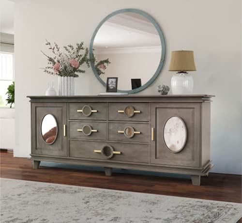 CORSICA DESIGNS | Modern Full-Size Sideboard with Mirror Accents | 100% Solid Mango Wood & HD Mirror | Bedroom, Dining Room & Living Room (E. Aged Grey, 2 Doors + 5 Drawers)