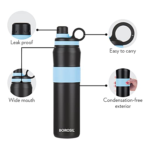 Borosil Hydra Thirst Burst Arctic Water Bottle, Stainless Steel Water Bottles, Vacuum Insulated Flask Bottles, 800 ml, Black & Blue