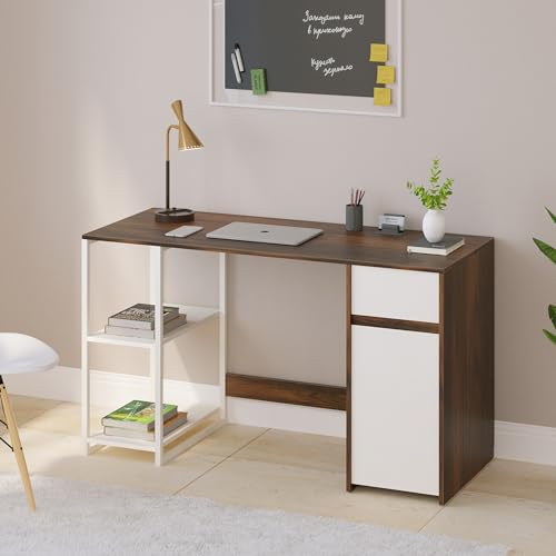 BLUEWUD Corbyn Engineered Wood Study and Computer Laptop Table for Home or Office, WFH Desk, with Drawer Shelves Storage for Books and Décor Display for Adults Kids Students (Brown Maple & White)