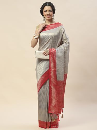 Meena Bazaar Zari Jaal Woven Handloom Saree With Blouse (Grey)