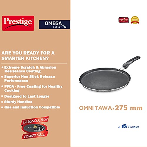 Prestige Omega Select Plus 27.5cm Non-Stick Omni Tawa |Induction Base |Gas & Induction Compatible| Metal Spoon Friendly | Sturdy Handles