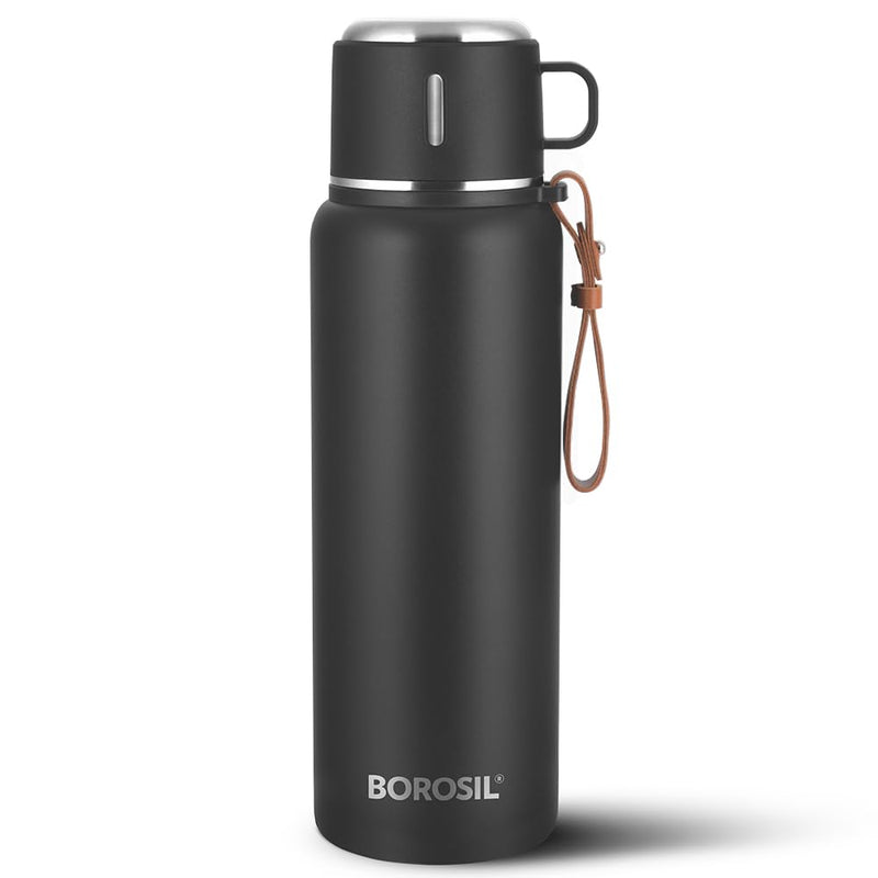 Borosil Hydra Cruise 900 ml Insulated Water Bottle, Black Stainless Steel Bottle, with Double Wall Vacuum Insulation, 17 Hours Hot & 20 Hours Cold, 1 Year Warranty