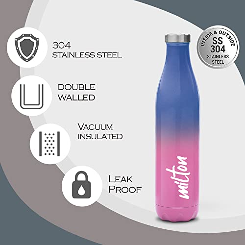 Milton Prudent 1100 Thermosteel 24 Hours Hot and Cold Water Bottle, 1023 ml, Pink Blue | Leak Proof | Easy to Carry | Office Bottle | Hiking | Trekking | Travel Bottle | Gym | Home | Kitchen Bottle