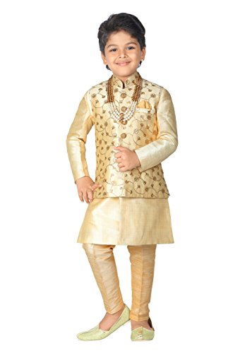 AHHAAAA Kids Indian Ethnic Banarasi Silk Kurta Pyjama and Waistcoat Set for Boys_GOLD410-8 Gold