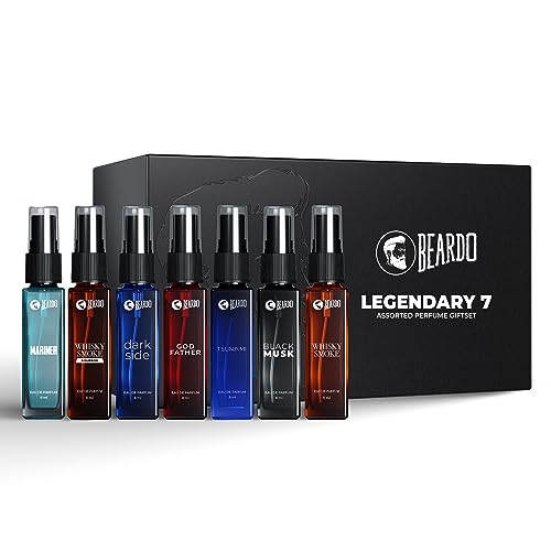 Beardo Legendary 7 Assorted Perfume Gift Set for Men 7X8ml with Long Lasting Fragrances | Travel Pack with Mariner Whisky Smoke Dark Side God Father Tsunami & Black Musk