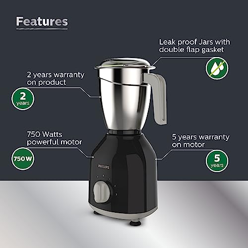 Philips HL7756/00 Mixer Grinder 750 Watt, 3 Stainless Steel Multipurpose Jars with 3 Speed Control and Pulse function (Black)