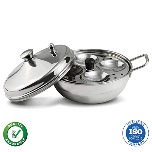 PANCA Stainless Steel Multi Purpose Kadai with Steel Lid, Idli Maker 2 Idli Plate 8 Cavity Idli Cooker Stainless Steel Idly Pot with Steamer, Silver