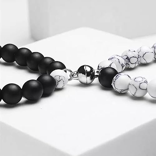 Fashion Frill Stylish Couple Bracelets Black & White Natural Stone Onyx Stretchable Wrist Band Heart Magnetic Bracelet For Women Men Boys Girls Love Gifts Friendship Bracelets