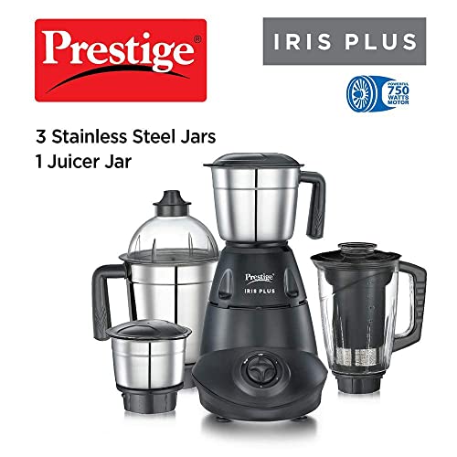 Prestige IRIS Plus 750 W Mixer grinder with 4 Jars (3 stainless steel Jars+ 1 Juicer Jar)| 4 Super efficient stainless blades | 2 years warranty| Black