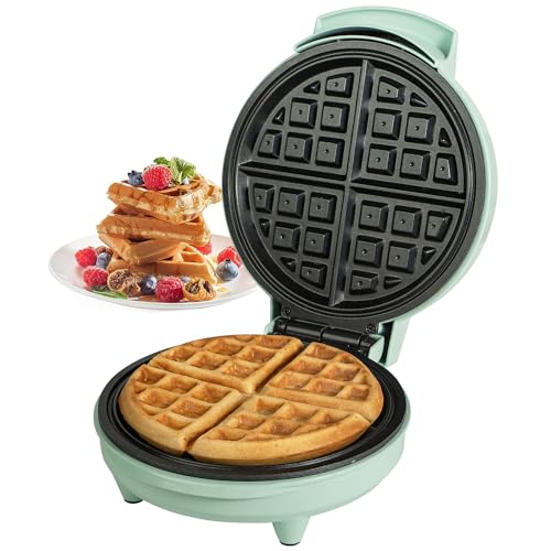 Primalite Classic 8” Waffle Maker Machine- 700 Watts | Stainless Steel Non-Stick Cooking Plates & Cool Touch Handle | Belgian Round Electric Iron | Indicator Light & Easy to use- Mint Green