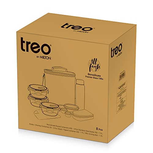 Treo By Milton All Fresh Premier Glass Tiffin Set of 8 (3 - Containers, 400 ml Each; 1 - Steel Bottle, 750 ml; 2 - Pickle/Chutney Dabba, 30 ml Each; 1 - Salad/Papad Dabba, 200 ml; 1 - Dining Mat)