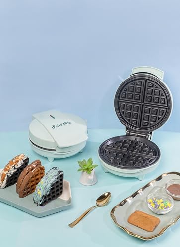 Primalite Classic 8” Waffle Maker Machine- 700 Watts | Stainless Steel Non-Stick Cooking Plates & Cool Touch Handle | Belgian Round Electric Iron | Indicator Light & Easy to use- Mint Green