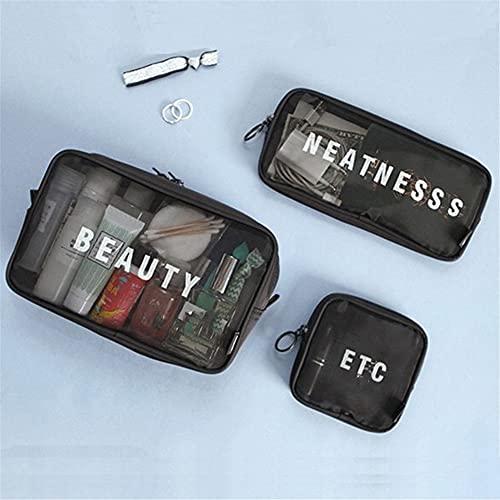 House Of Quirk Travel Mesh Makeup Bags Set 3 Pieces See Through Zipper Pouch Travel Cosmetic and Toiletry Organizer Bag 3 Pack of S M L (Black)