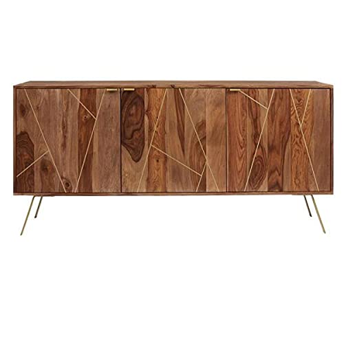DEMIWALL Solid Sheesham Wood & Iron Sideboard & Cabinets | Wooden Side Board Media Console Tv Cabinet for Living Room | Free Standing Buffet Cabinet with 3 Door Cabinet Storage | Natural Brown