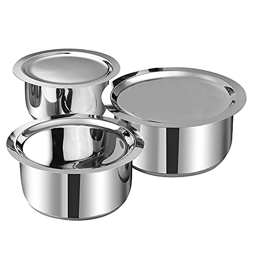 Vinod Stainless Steel 3 pc Tope Set with Capacity of 1.4 litres, 1.8 litres & 2.2 litres with Stainless Steel Lids (Gas Stove and Induction Friendly) - Silver, 24 Months Warranty