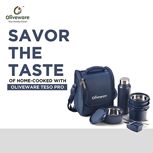 SOPL-OLIVEWARE Teso Pro Lunch Box With Steel Cutlery,3 Microwave Safe Inner Steel Containers With Bpa Free Lids(290Ml,450Ml&600Ml)Plastic Pickle Box(130Ml)Steel Water Bottle(750Ml)-Blue,600 Ml
