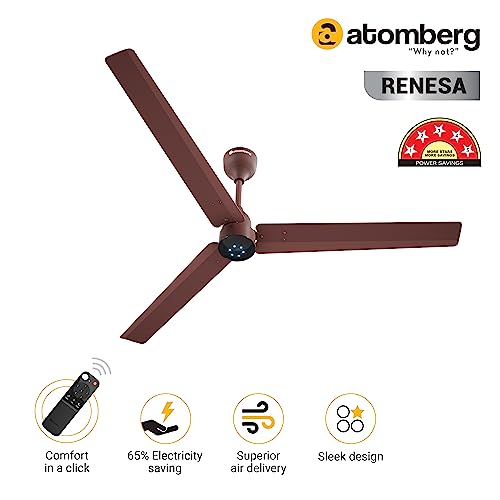 atomberg Renesa 1400mm BLDC Motor 5 Star Rated Sleek Ceiling Fans with Remote Control | Upto 65% Energy Saving, High Air Delivery and LED Indicators | 2+1 Year Warranty (Brown)