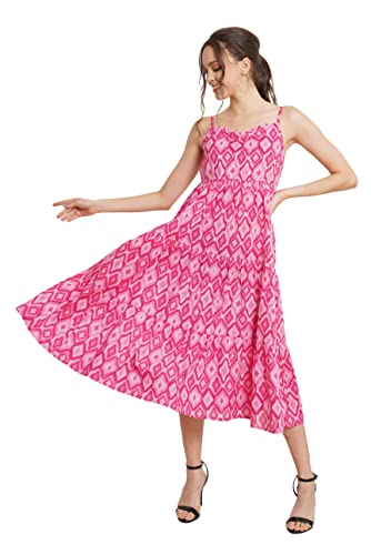 COTLAND Fashions Jaipuri Cotton Printed Flared Strappy Midi A-Line Dress For Women (Shades Of Pink)_Small