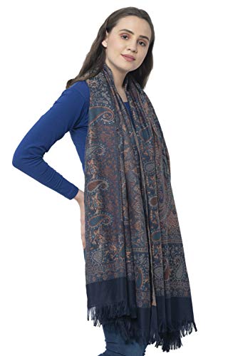 Weavers Villa - Women's Faux Pashmina Silk Paisley Design Shawls, Stoles (Navy Blue)