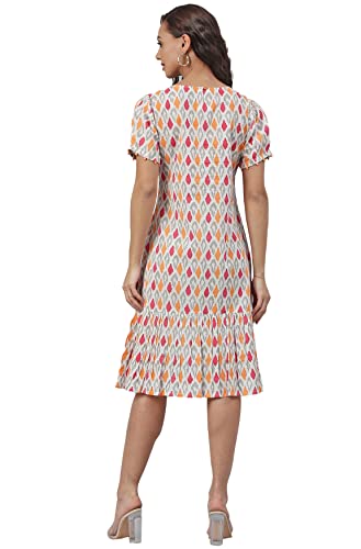 Janasya Women's Off White Cotton Printed A-line Western Dress(JNE3905-DR-XL)