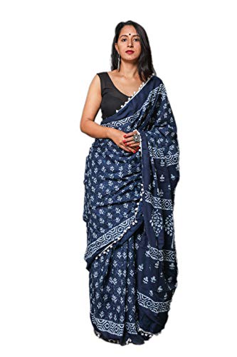 Shivanya Handicrafts Women's Plain Weave Cotton Saree with Blouse Piece (AS061_Multicolour) (Indigo Booti)