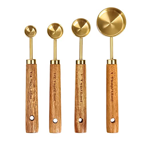 Supvox® Measuring Cups and Spoons with Wood Handle Set of 8, Stainless Steel, Golden Polished Finish, Baking Tools, Dry & Liquid Measuring Cup for Cooking