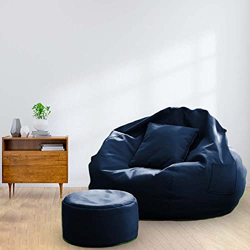 NOOSY Brand - XXL Faux Leather Bean Bag Chair with Stool & Cushion Without Beans (Navy Blue)