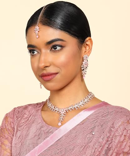 Atasi International Rose Gold Plated Mint Pink Diamond Necklace/Jewellery Set for Women with Earrings and Maang Tikka (RGP1965)