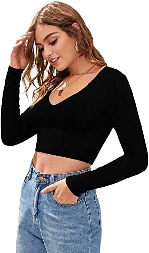 Dream Beauty Fashion Women's V-Neck Full Sleeve Crop Top (T/-Baati Black-M)