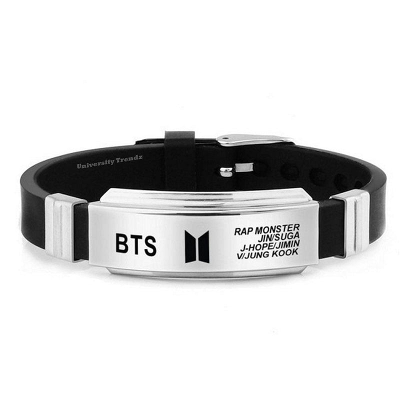 University Trendz BTS Signature Printing Stainless Steel Silicon Wristband Unisex adult Bracelet