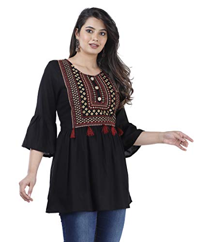 NANAK FEB Women's Rayon Casual Wear Printed Short Kurti/Tunic/Top for Girls Black