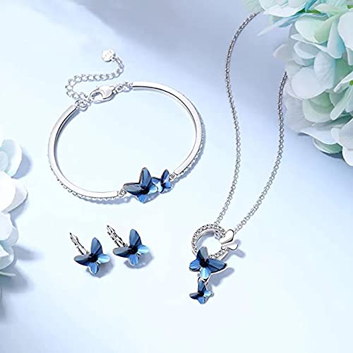 Valentine Gift By Shining Diva Italian Designer Platinum Plated Crystal Butterfly Earrings Chain Pendant Necklace Combo Jewellery Set for Women and Girls (Blue) (14603s)