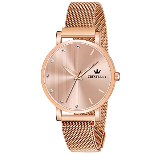 CRESTELLO Women's Rose Gold Plated Mesh Chain Analog Watch (CR-RG103PNK-RGCH)