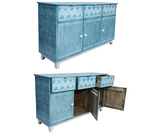 CORSICA DESIGNS | Modern Sideboard with White Accents | 100% Solid Mango Wood | Storage Cabinet & Chest | Bedroom, Dining Room & Living Room | Textured Blue/White (C. 3 Doors + 3 Drawers)